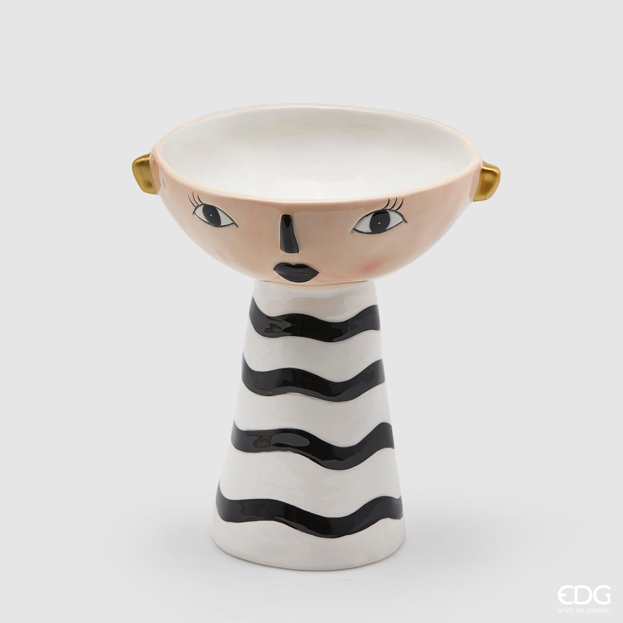 Vaso faccia, in ceramica, colore bianco e nero con zigzag. EDG