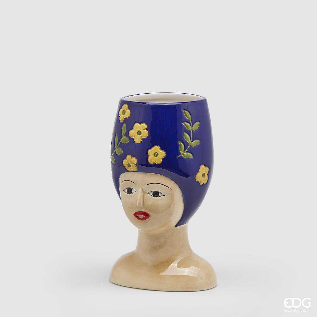 Vaso donna busto con fiori, in ceramica, colore blu con fiori gialli. EDG