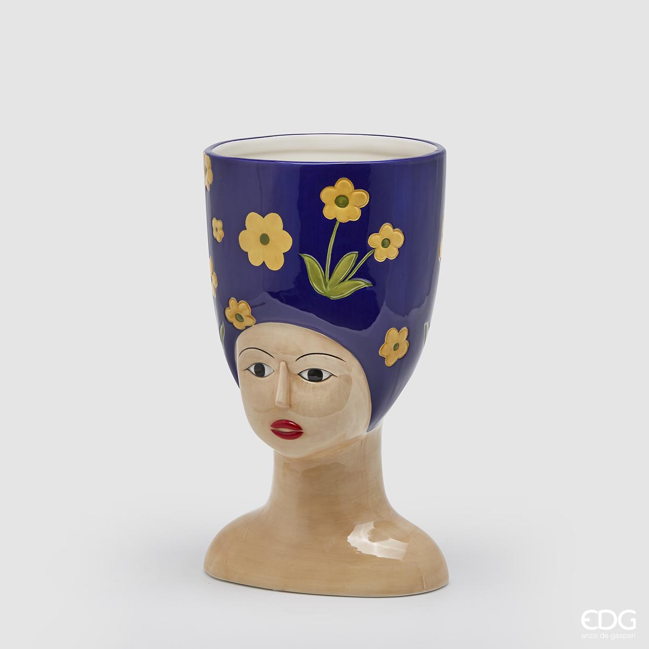 Vaso alto donna busto con fiori, in ceramica, colore blu con fiori gialli. EDG