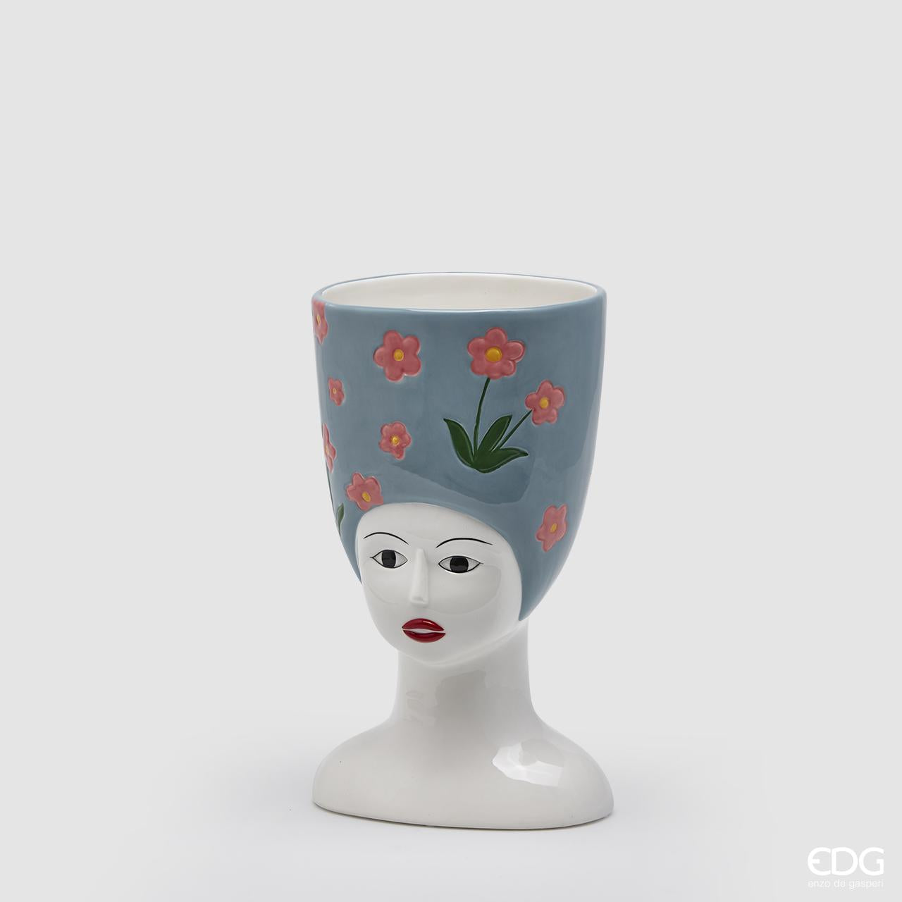 Vaso donna busto con fiori, in ceramica, colore grigio con fiori rosa. EDG