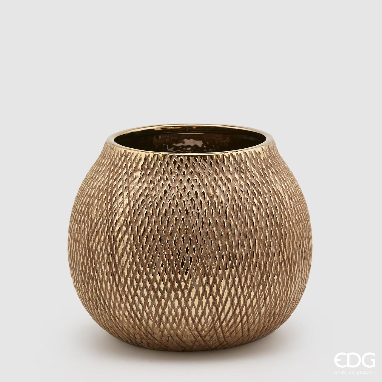 Vaso "Python" con lavorazione a rombi, colore oro, H.19x23 cm. EDG