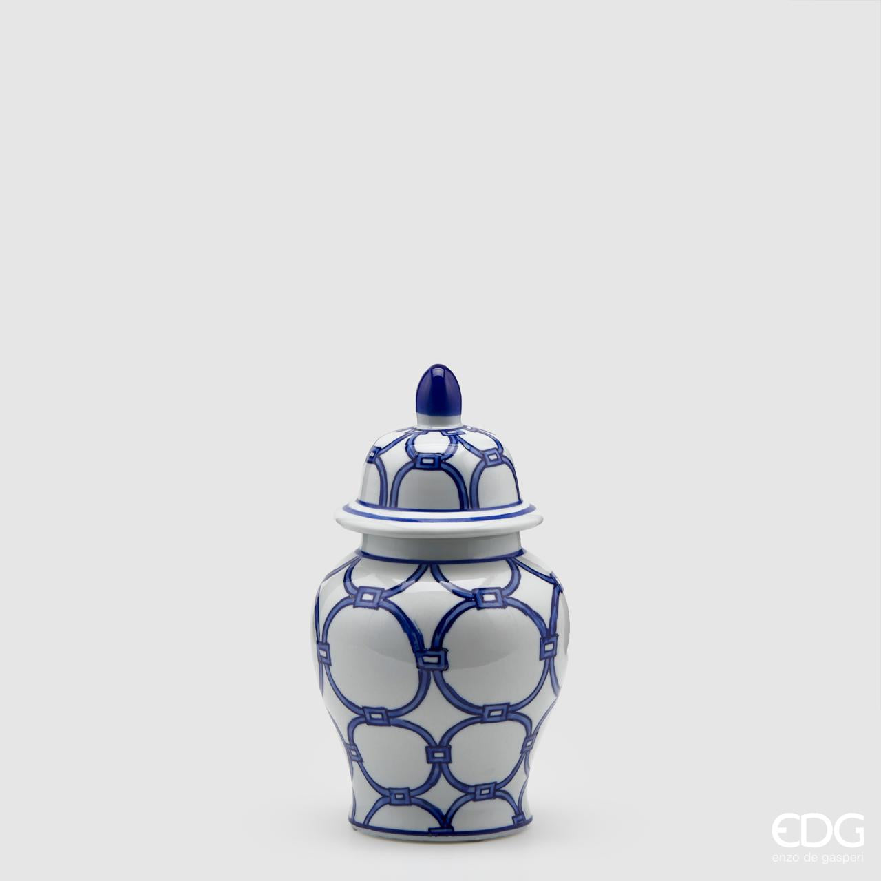 Vaso Ching Con Coperchio, disegno anelli, bianco e blu. EDG