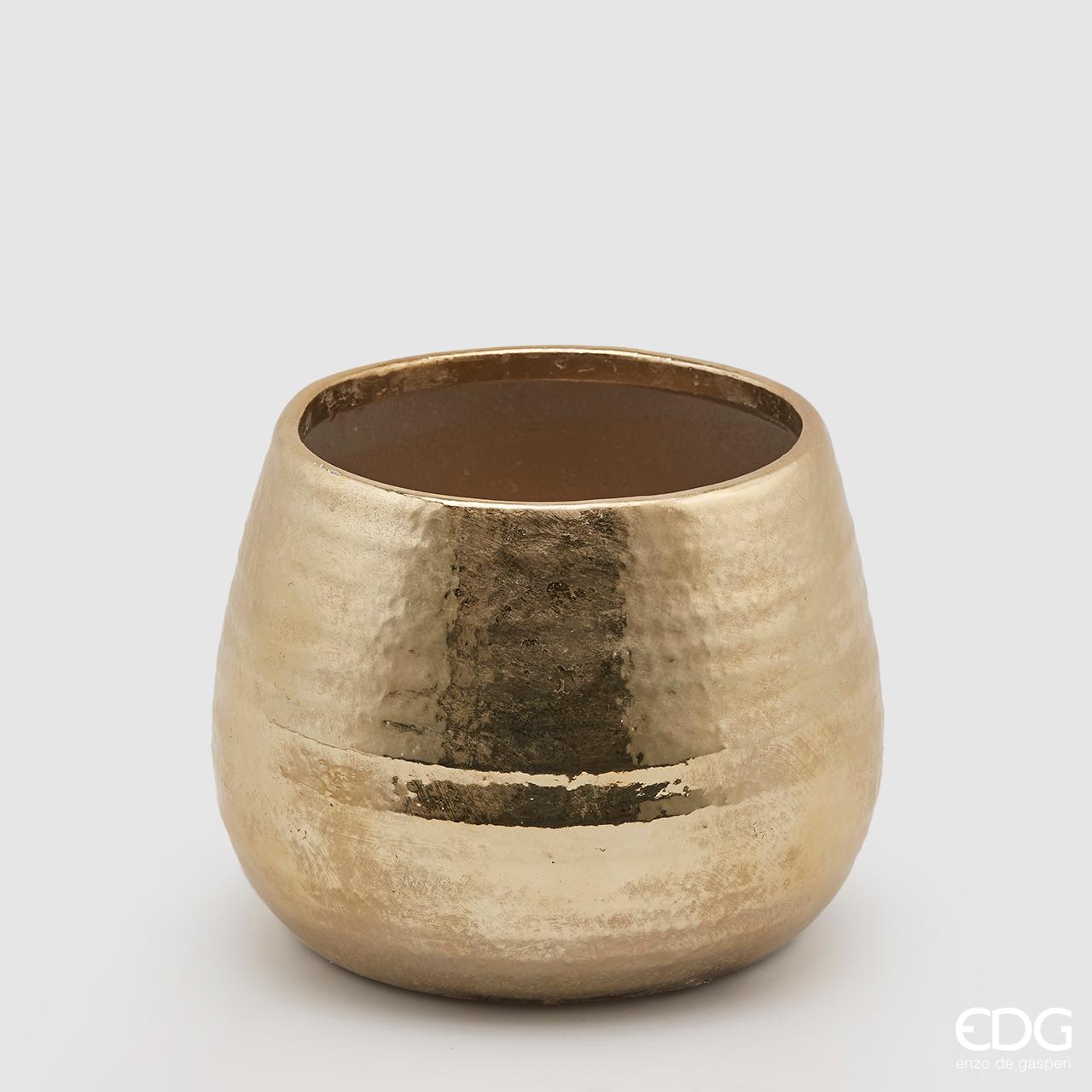 Vaso/cache-pot bombato, in ceramica, colore oro, H.19x D.24cm. EDG