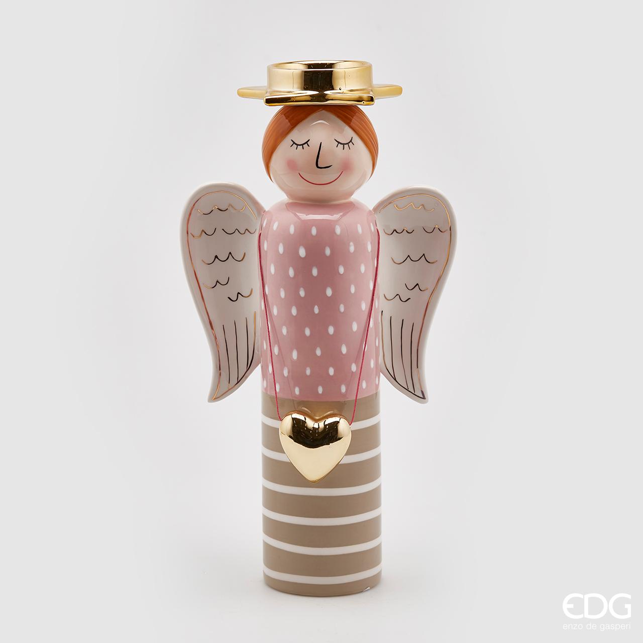 Angelo portacandela con cuore appeso, rosa, beige e oro, H.36cm. EDG