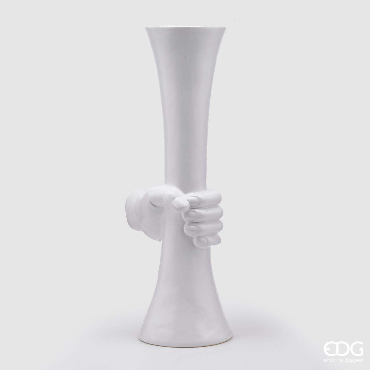 Vaso "Chakra" con mano, in ceramica, colore bianco, H.55x 17cm. EDG