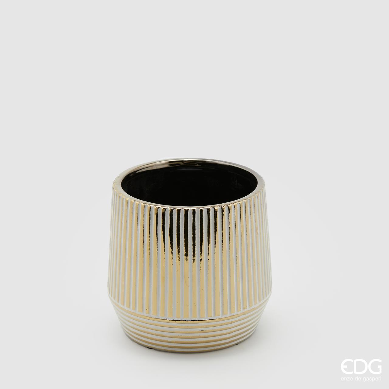 Vaso/cache-pot righe, in ceramica, colore oro, misura piccola, H.14x D.15 cm. EDG