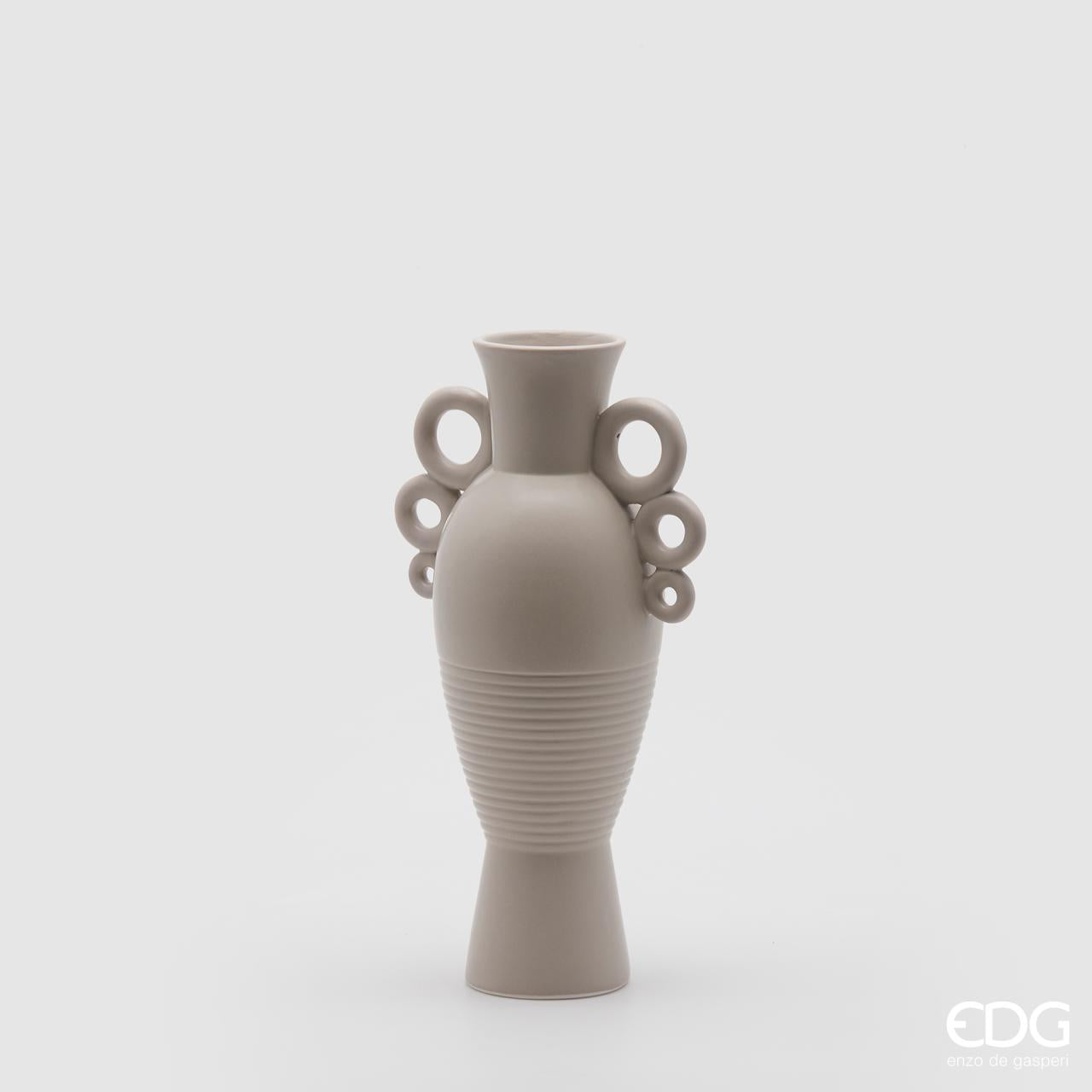 Vaso Anfora con 3 anelli, in ceramica, colore tortora, misura H.32x D11 cm. EDG