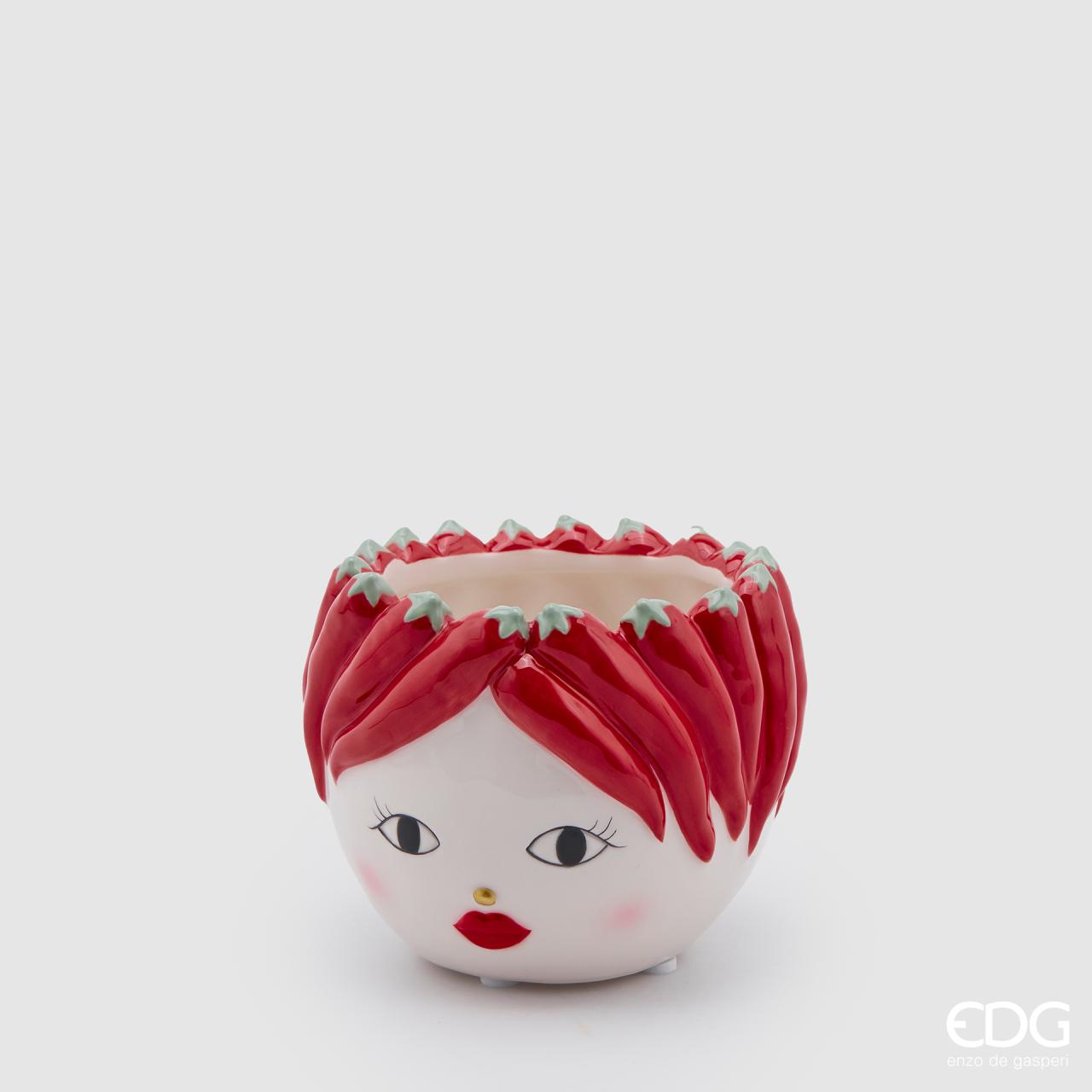 Vaso testa con peperoncini rossi, in ceramica, colore bianco e rosso, H.10 xD.12 cm. EDG