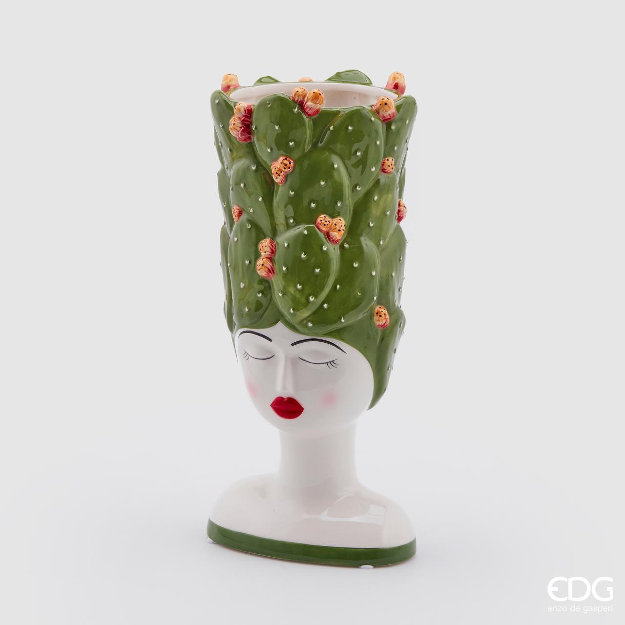 Vaso testa con fico d'india, in ceramica, colore bianco e verde, H.34 xD.15 cm. EDG
