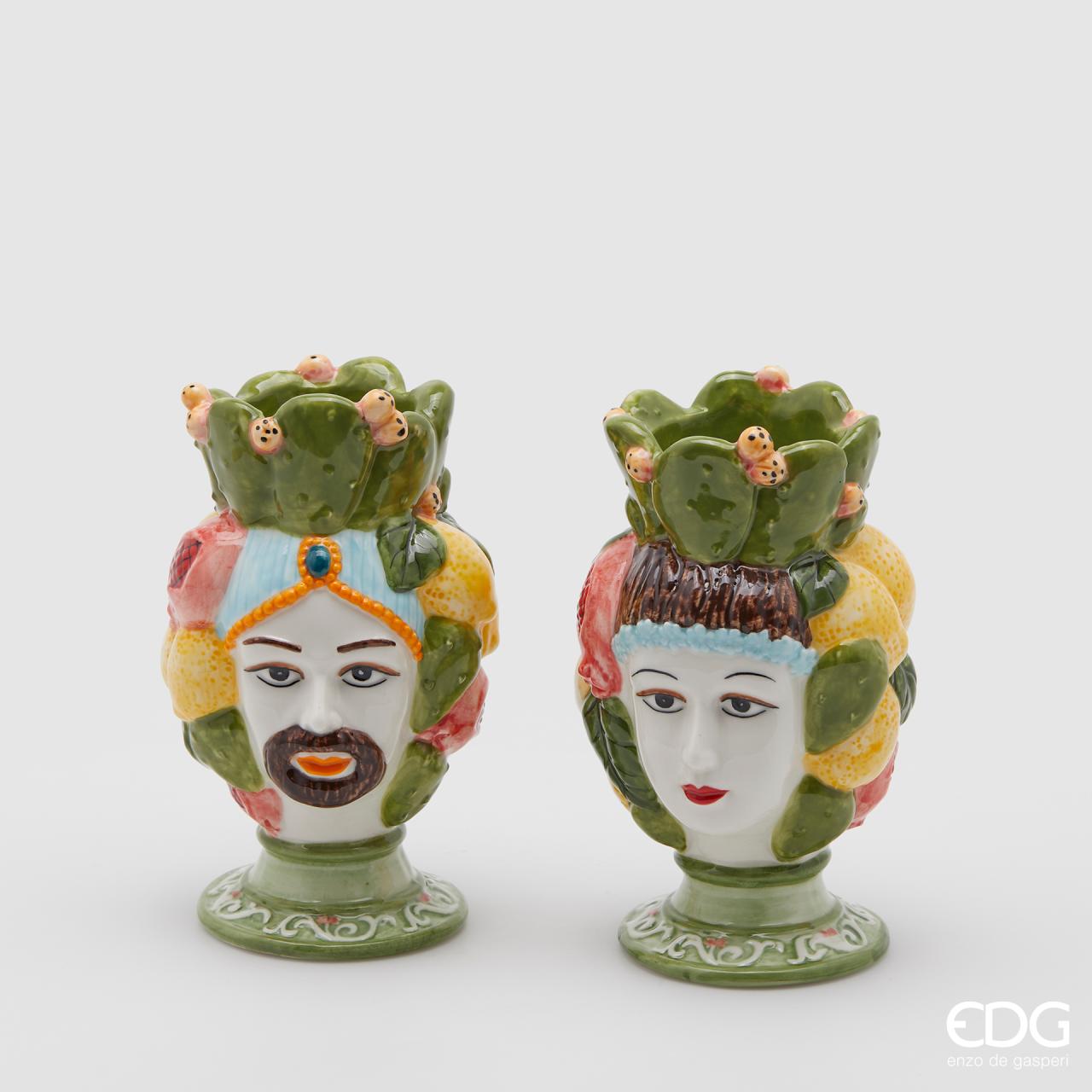Coppia Portacandela Sicily Lui+Lei con fico d'india e limoni, in ceramica, H.17 cm. EDG