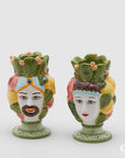 Coppia Portacandela Sicily Lui+Lei con fico d'india e limoni, in ceramica, H.17 cm. EDG