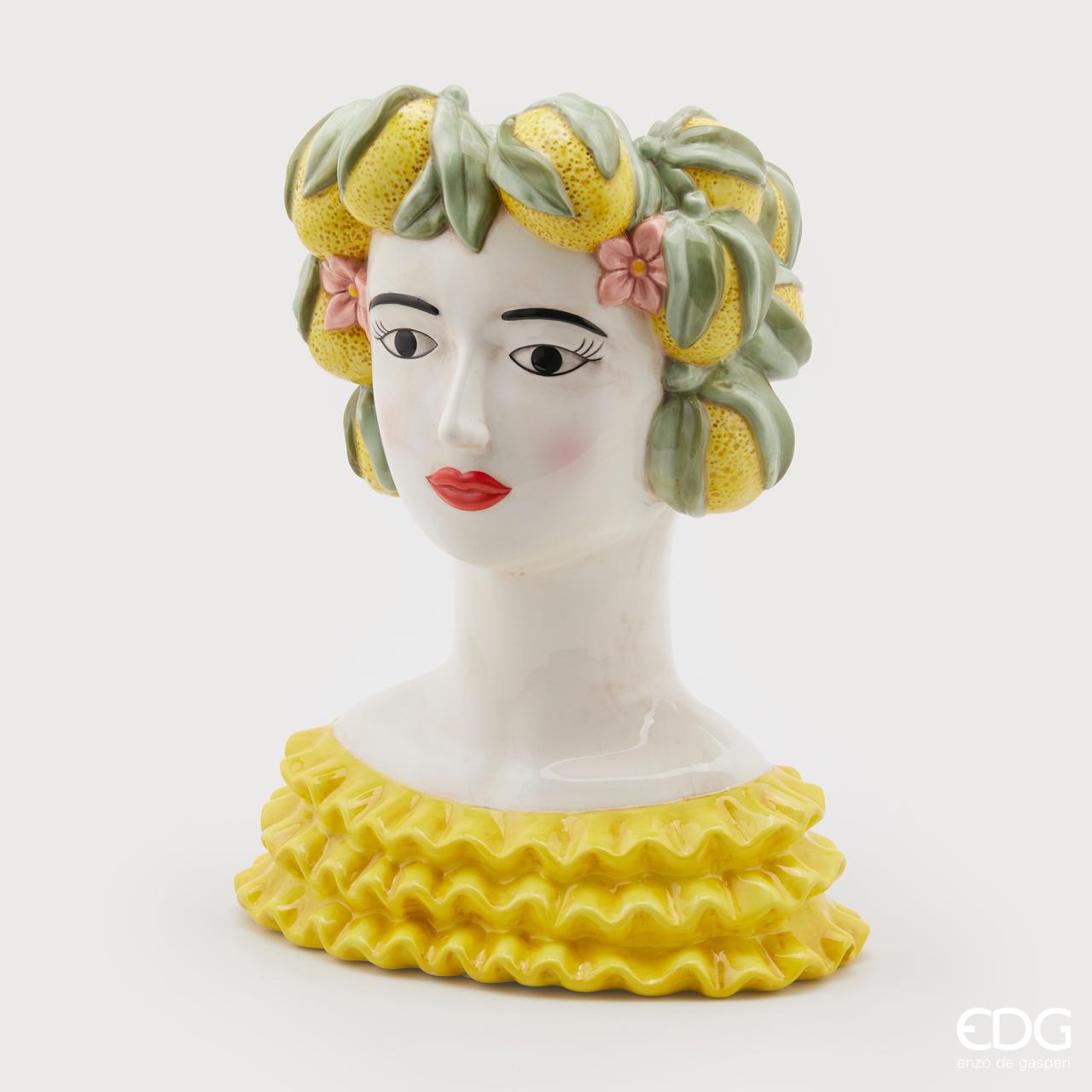 Vaso faccia con frutta, in ceramica, colore bianco e giallo. EDG