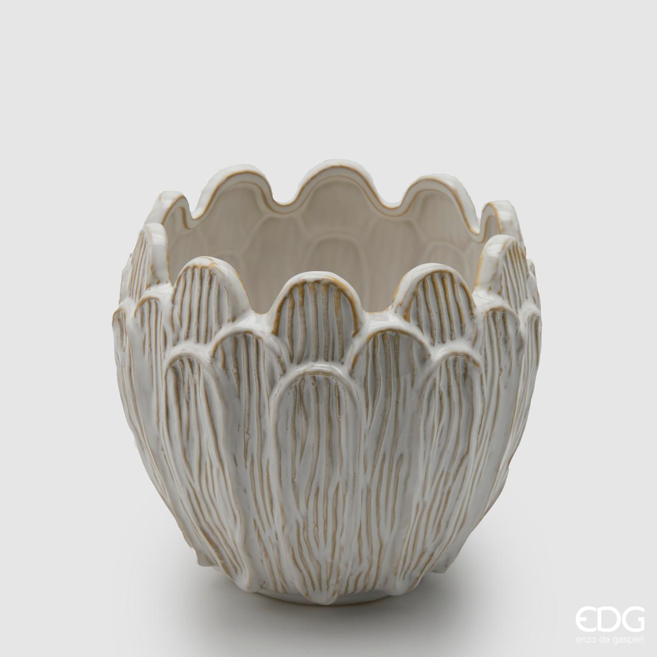 Vaso Foglie righe, in ceramica, colore bianco, misura H.18x D21 cm. EDG