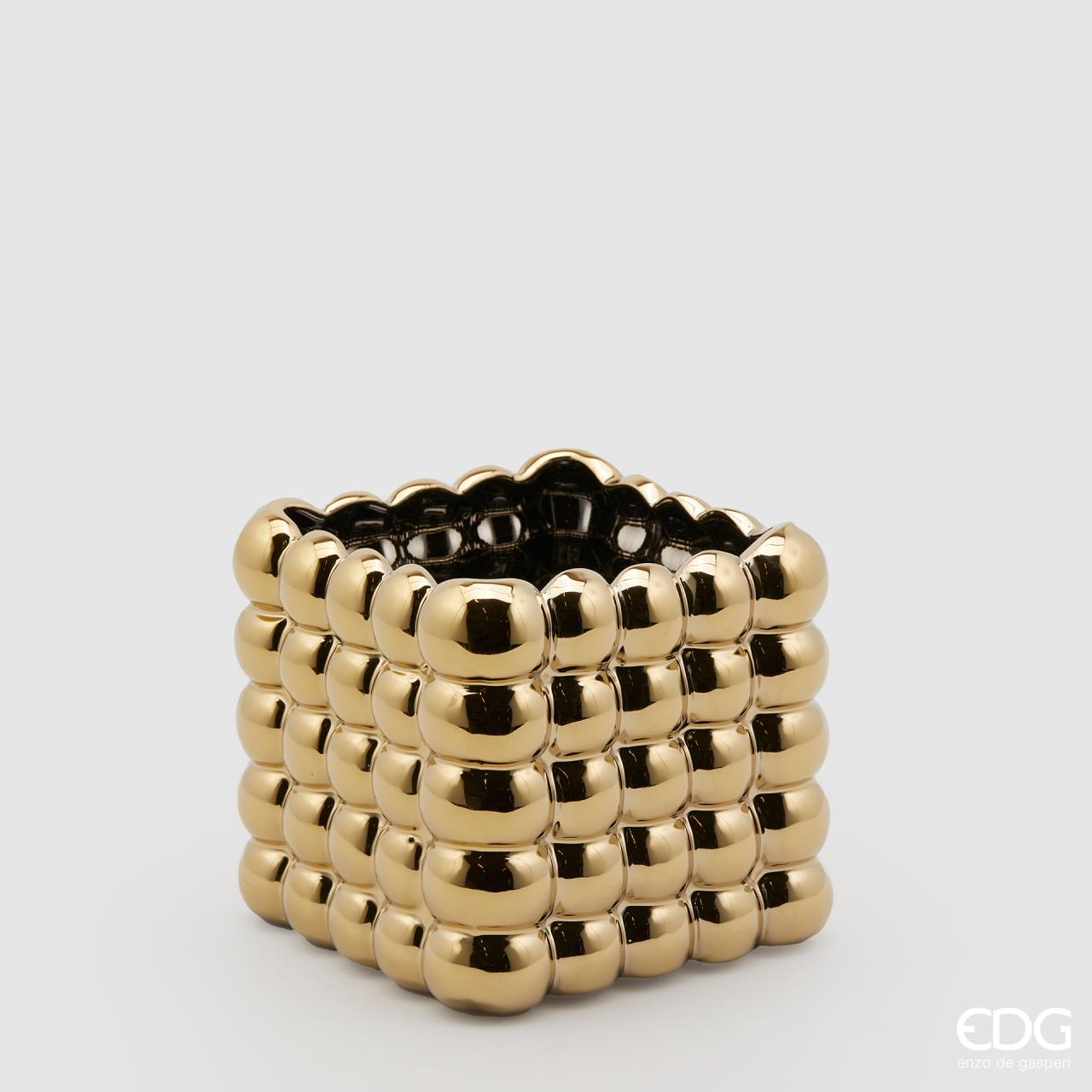 Vaso cubo sfere, in ceramica, colore oro, misura media, H.12x13.5x13.5 cm. EDG