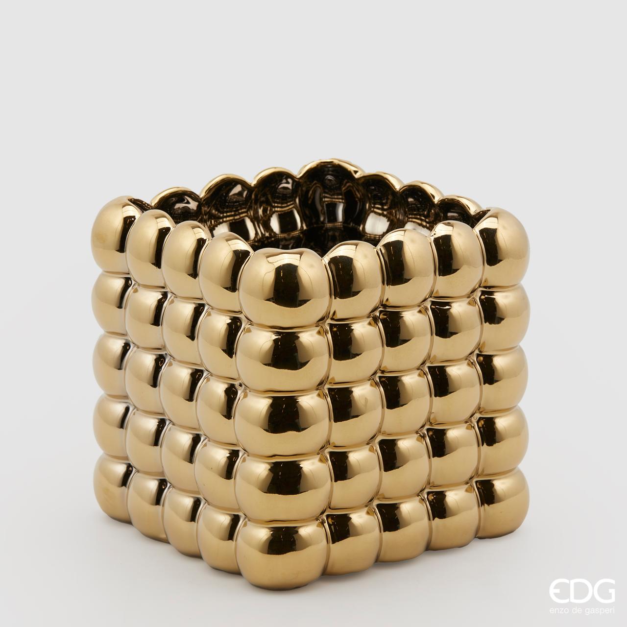 Vaso cubo sfere, in ceramica, colore oro, misura grande, H.17x17.5x17.5 cm. EDG