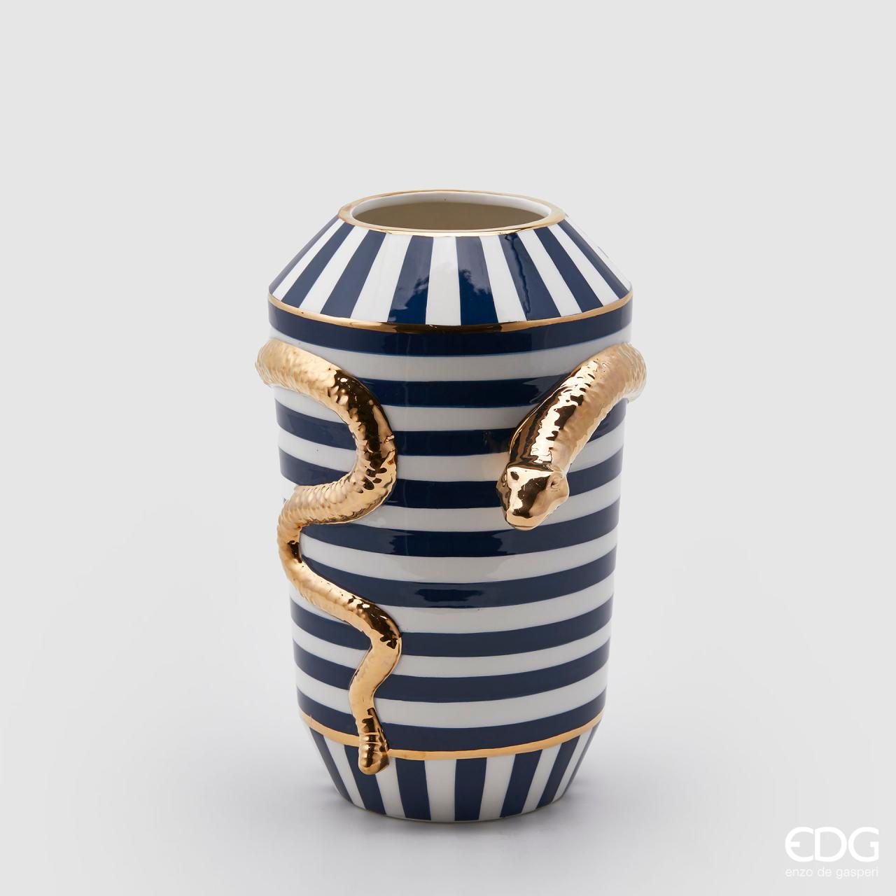 Vaso Egypt Snake righe, in ceramica, colore bianco blu e oro, misura H.32x D21 cm. EDG