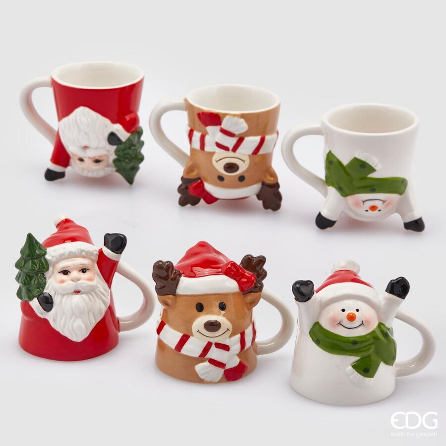 Set 6 tazzine caffè, 3 soggetti assortiti, Babbo Natale, pupazzo di neve e renna. EDG