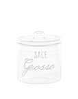 Barattolo in vetro borosilicato decoro "Sale grosso" trasparente con scritta in bianco. Simple day