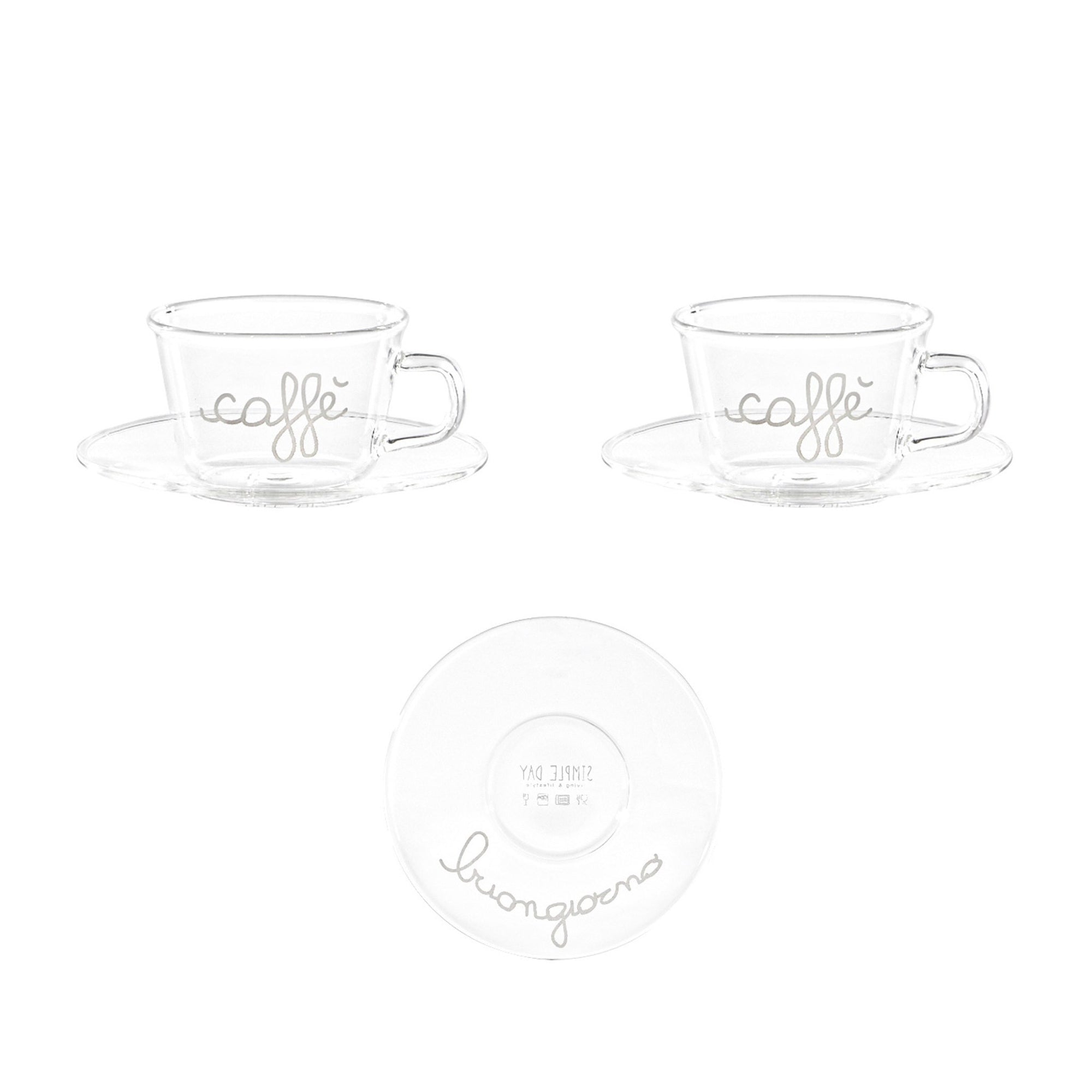 Set 2 tazze caffè espresso in vetro borosilicato decoro "Caffè Buongiorno" trasparente. Simple day