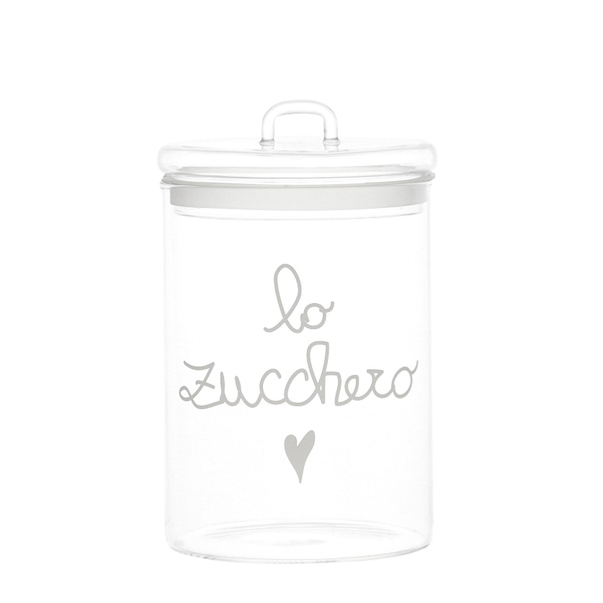 Barattolo in vetro borosilicato decoro "Lo zucchero" trasparente con scritta in bianco. Simple day