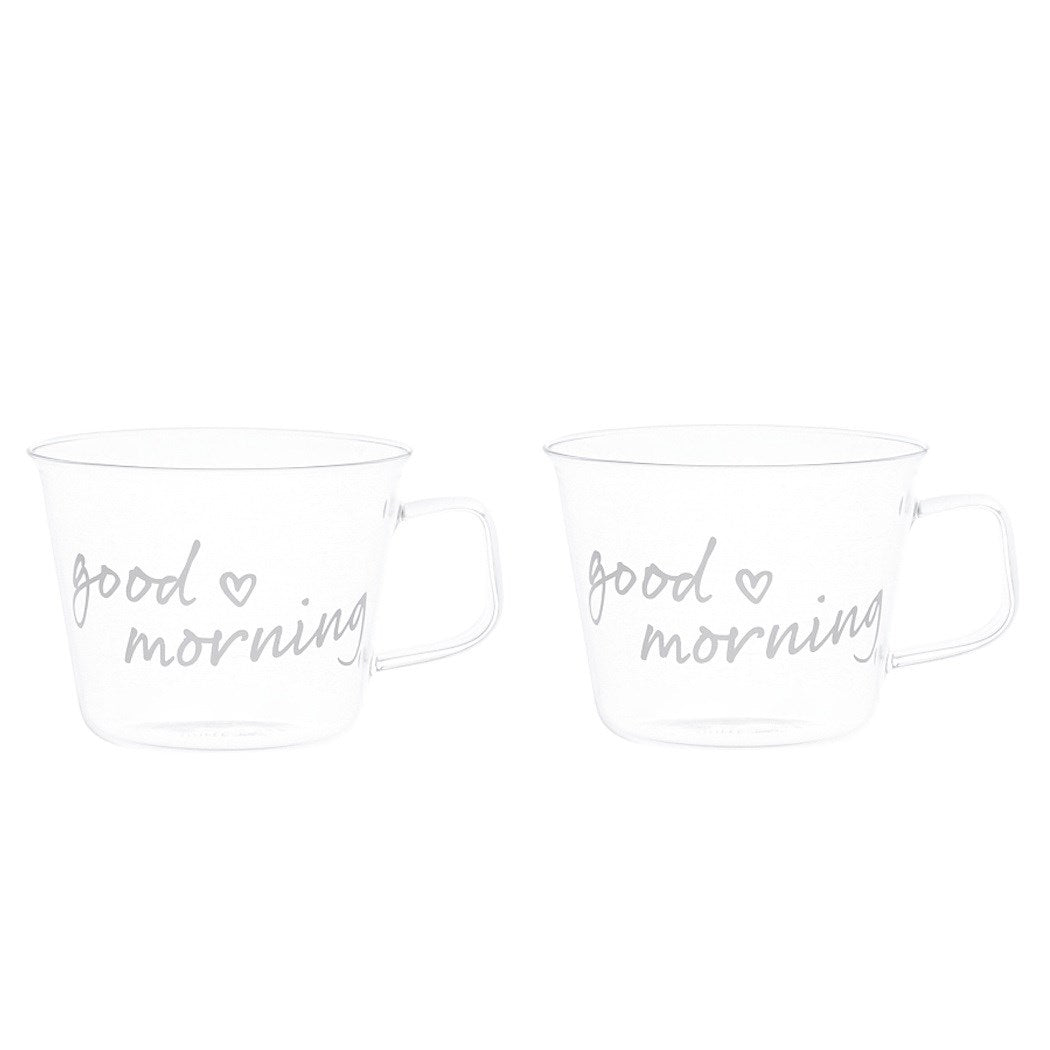 Set 2 tazze in vetro borosilicato decoro "Good morning" trasparente. Simple day