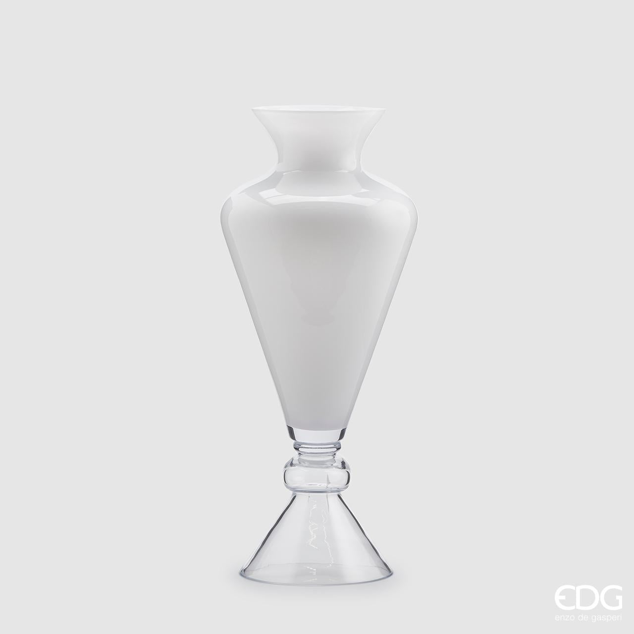 Vaso alto "Anfora" bianco con piede trasparente, in vetro H70 cm. EDG