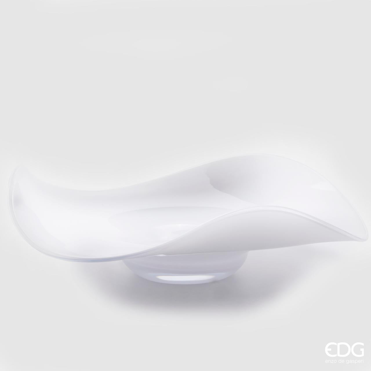 Centrotavola piatto "Onde" H. 14 D 50cm., in vetro, bianco. EDG