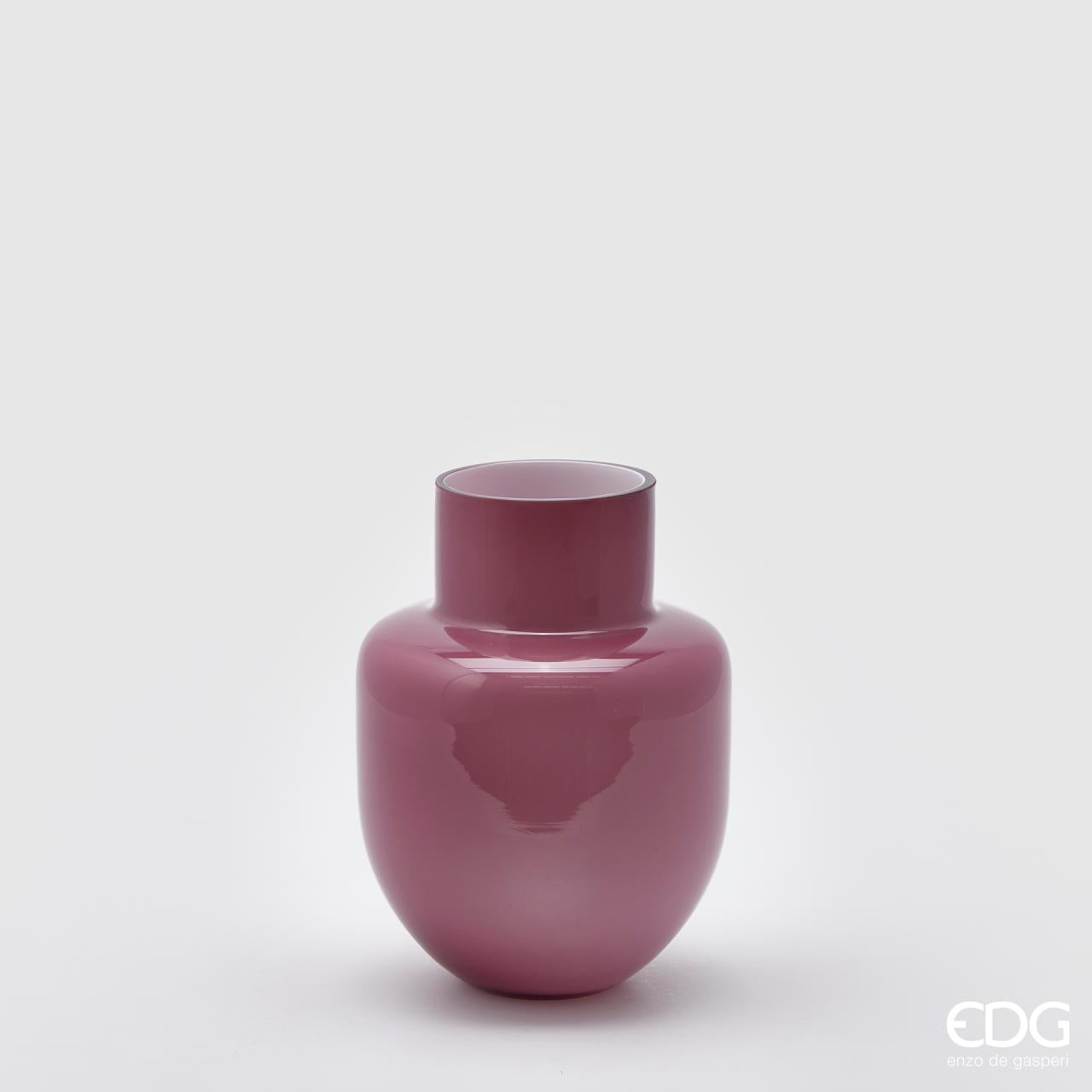 Vaso rotondo bombato con collo, H. 25 D 18cm., in vetro, rosa cipolla. EDG