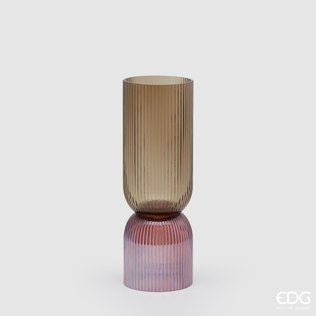 Vaso cilindrico con piede bicolore H 37 cm, in vetro, lavorazione a rilievo. EDG