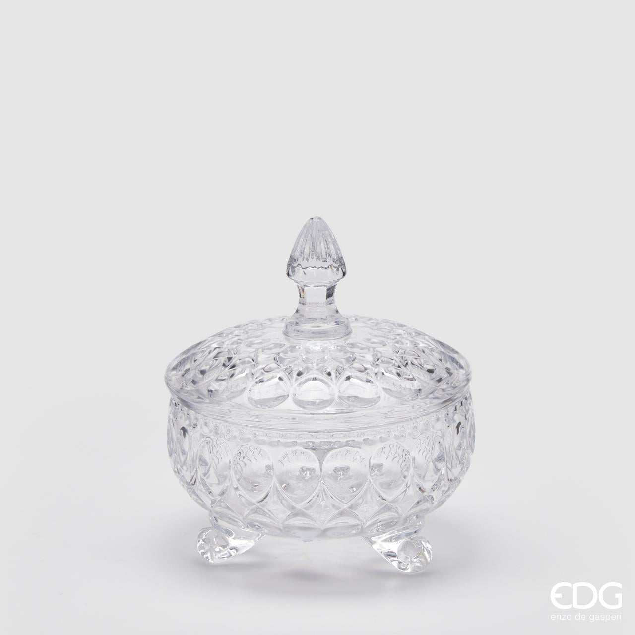 Contenitore con piedi e coperchio, H.21xD18cm., in vetro lavorato, trasparente. EDG