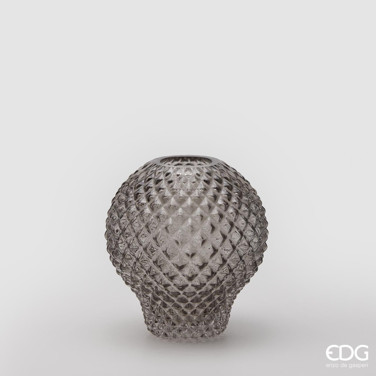 Vaso rotondo con rombi, H.16 D15cm., in vetro, grigio. EDG