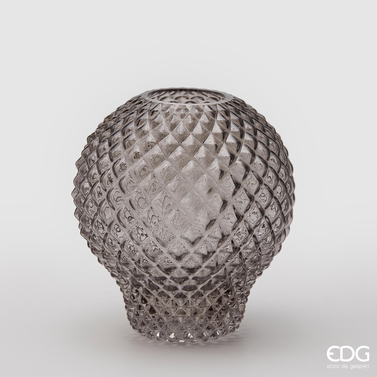 Vaso rotondo con rombi, H.22 D21cm., in vetro, grigio. EDG