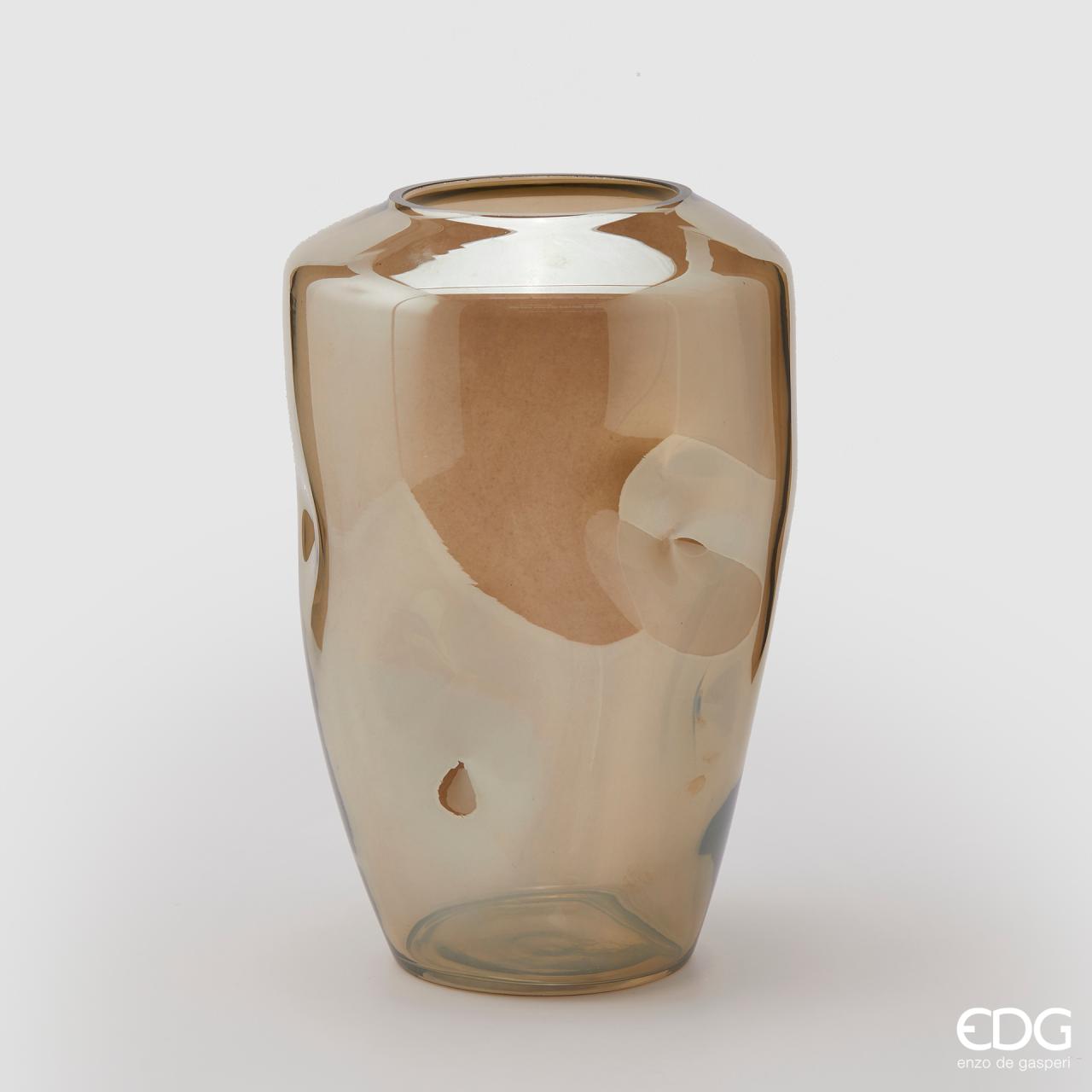 Vaso bombato iridescente, H.31 D21cm., in vetro, ambra. EDG
