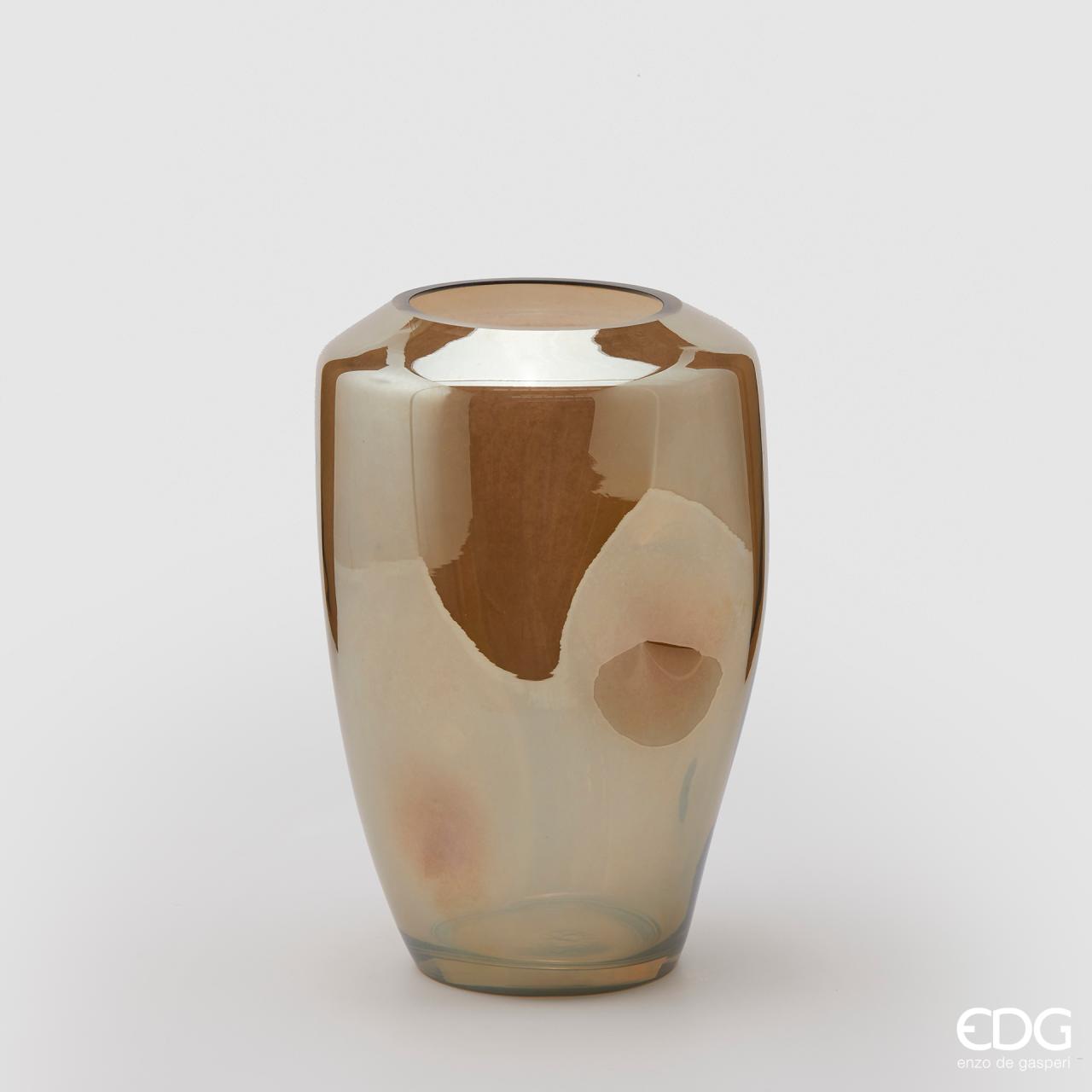 Vaso bombato iridescente, H.28 D18cm., in vetro, ambra. EDG