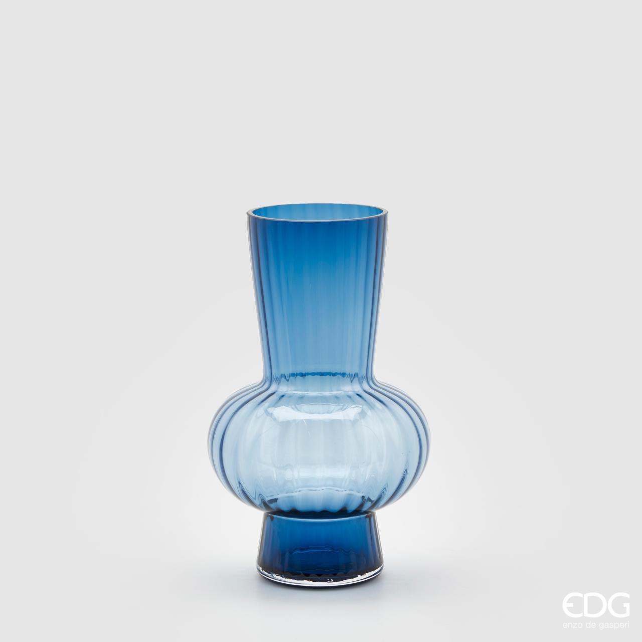 Vaso righe con sfera, in vetro, colore blu, misura H.31,5xD19 cm. EDG