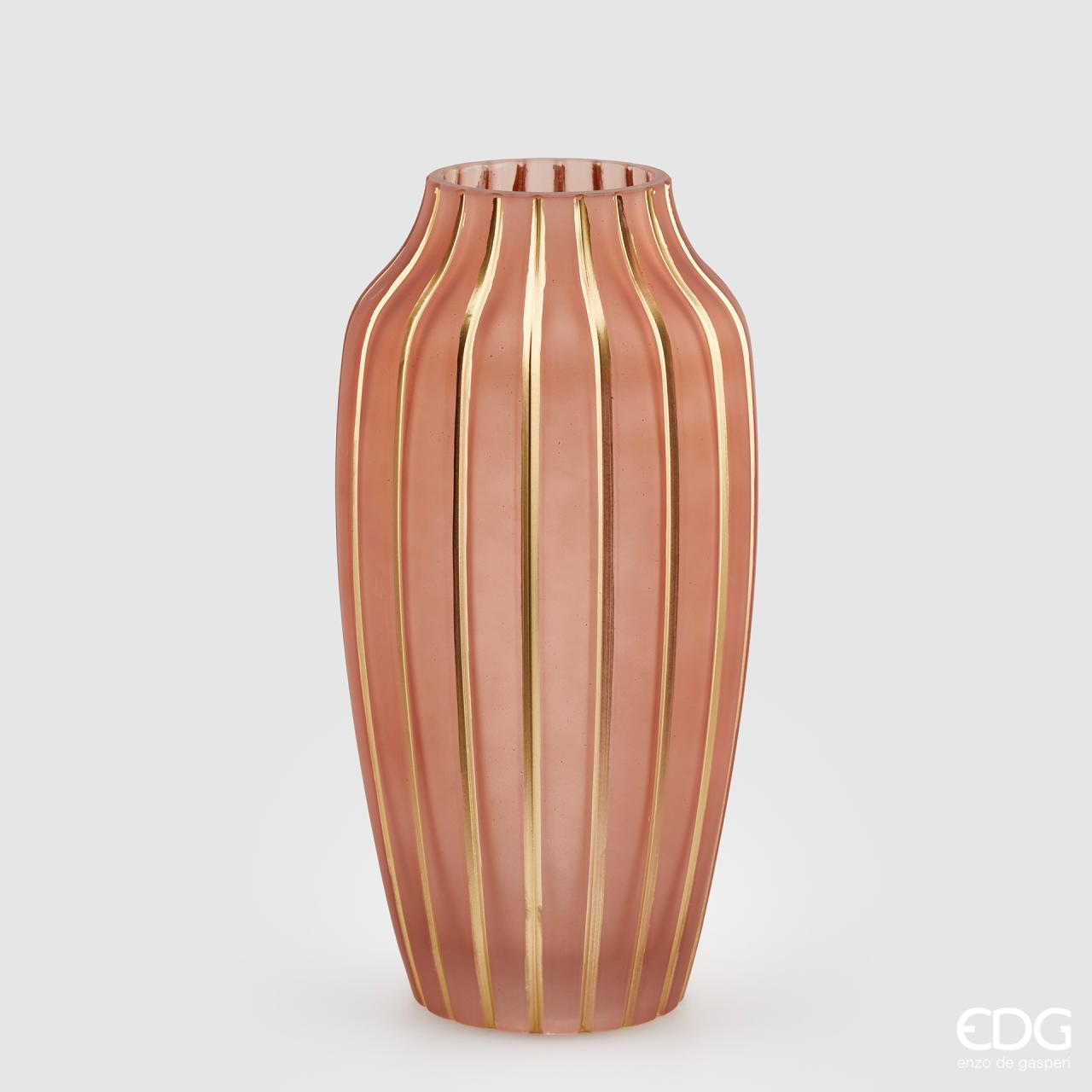 Vaso righe, colore rosa e oro, in vetro, misura H.30xD.15 cm. EDG