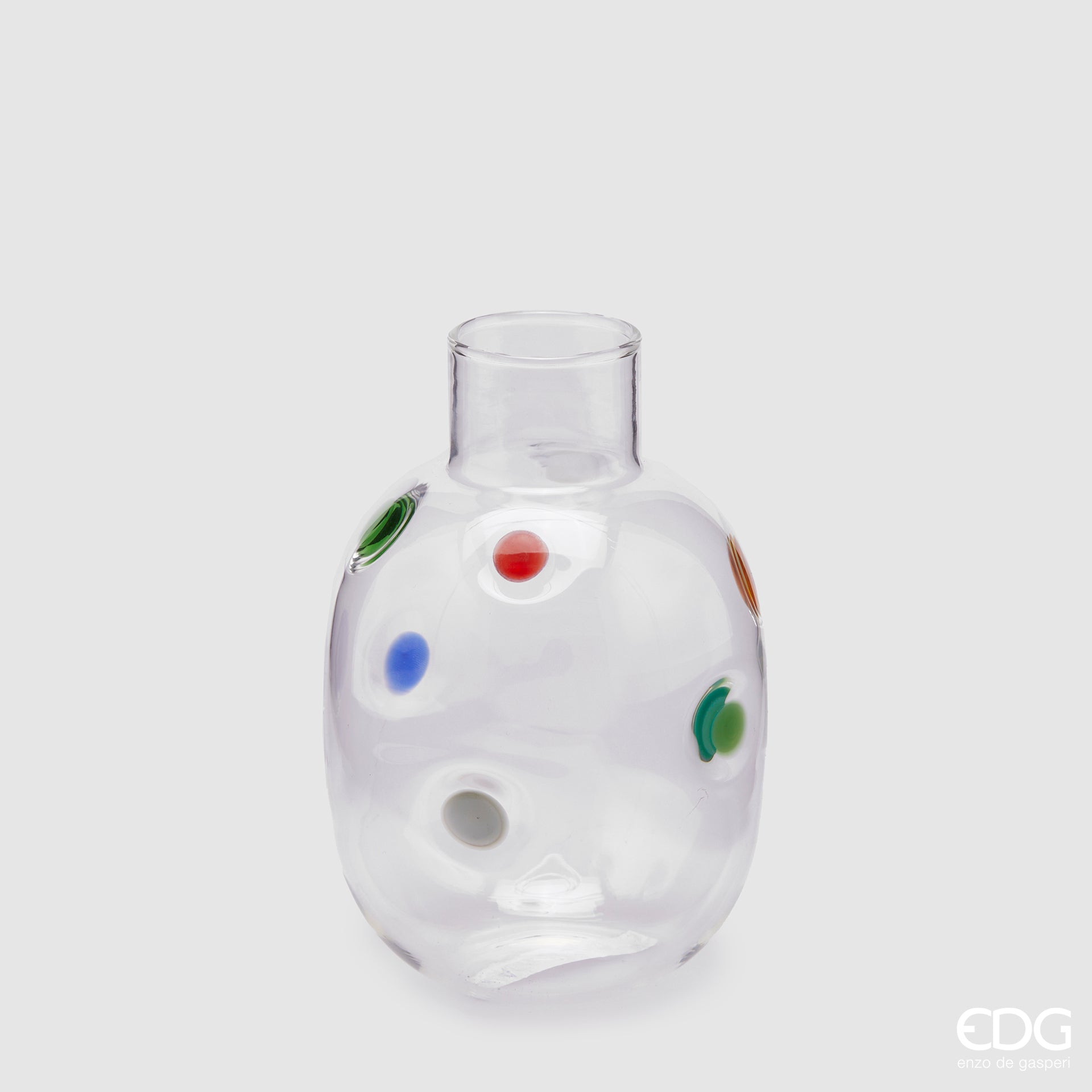 Vaso pois, misura H.17 x D.12 cm., in vetro trasparente con pois colorati. EDG