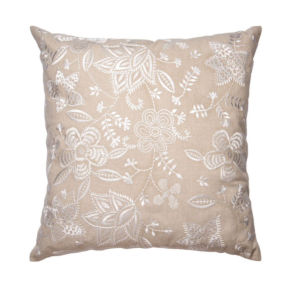 Cuscino quadrato ricamato beige e bianco. L'oca nera