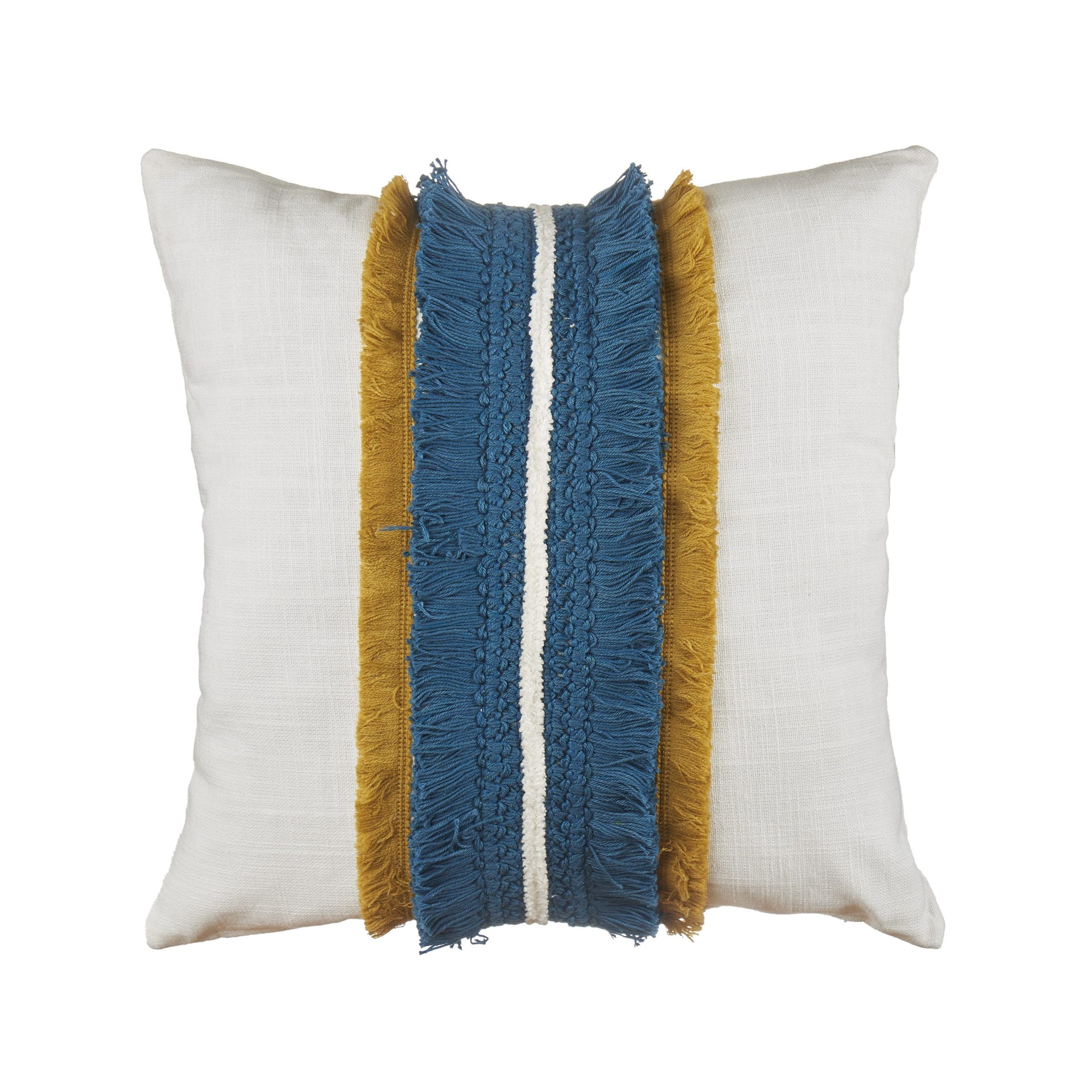 Cuscino quadrato bianco con frange blu e ocra. L'oca nera