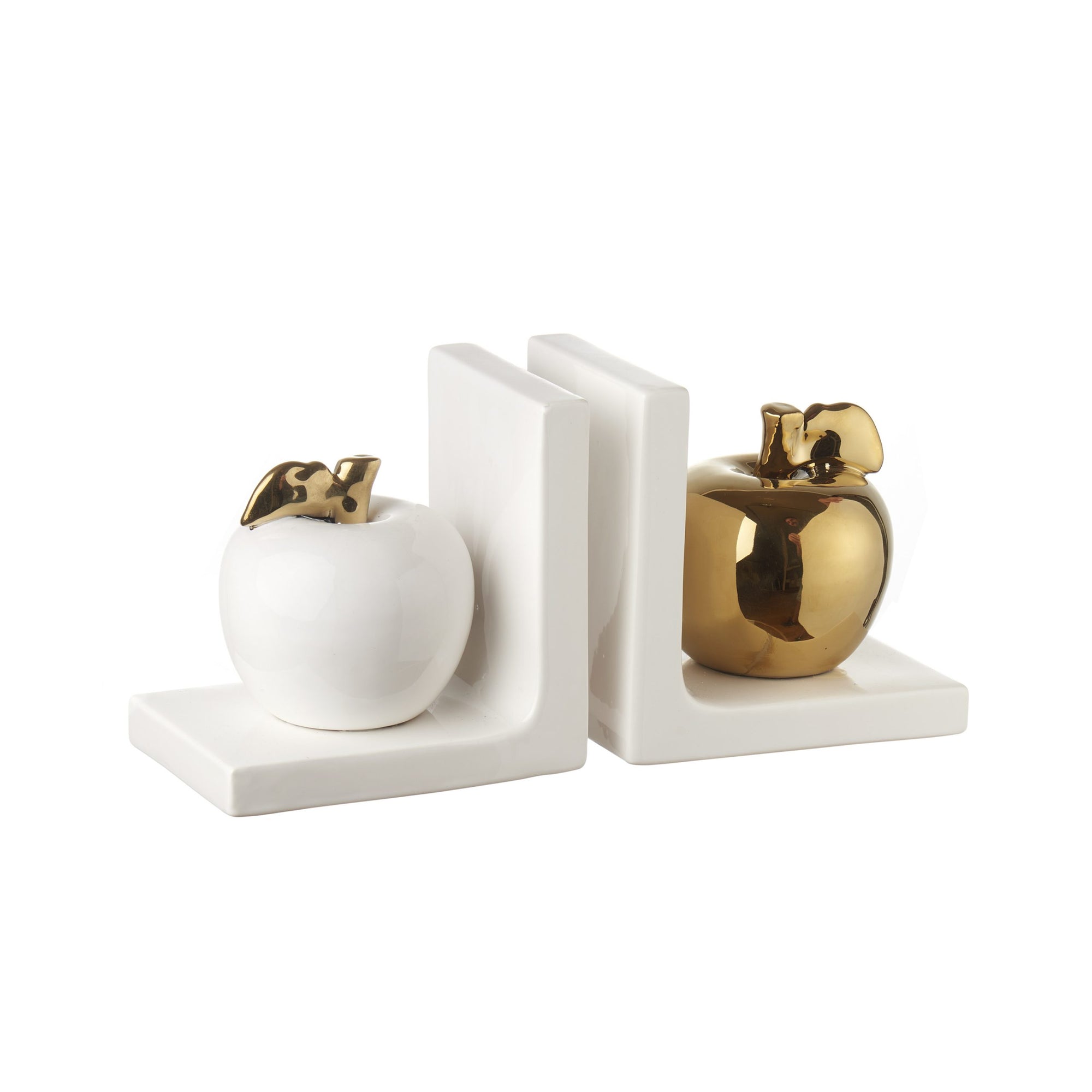 Fermalibri mela, in ceramica, colore bianco e oro. L'oca nera