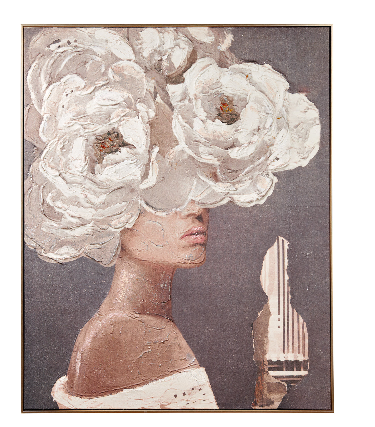 Quadro volto donna e fiori, con cornice, 80x100 cm. L&#39;oca nera