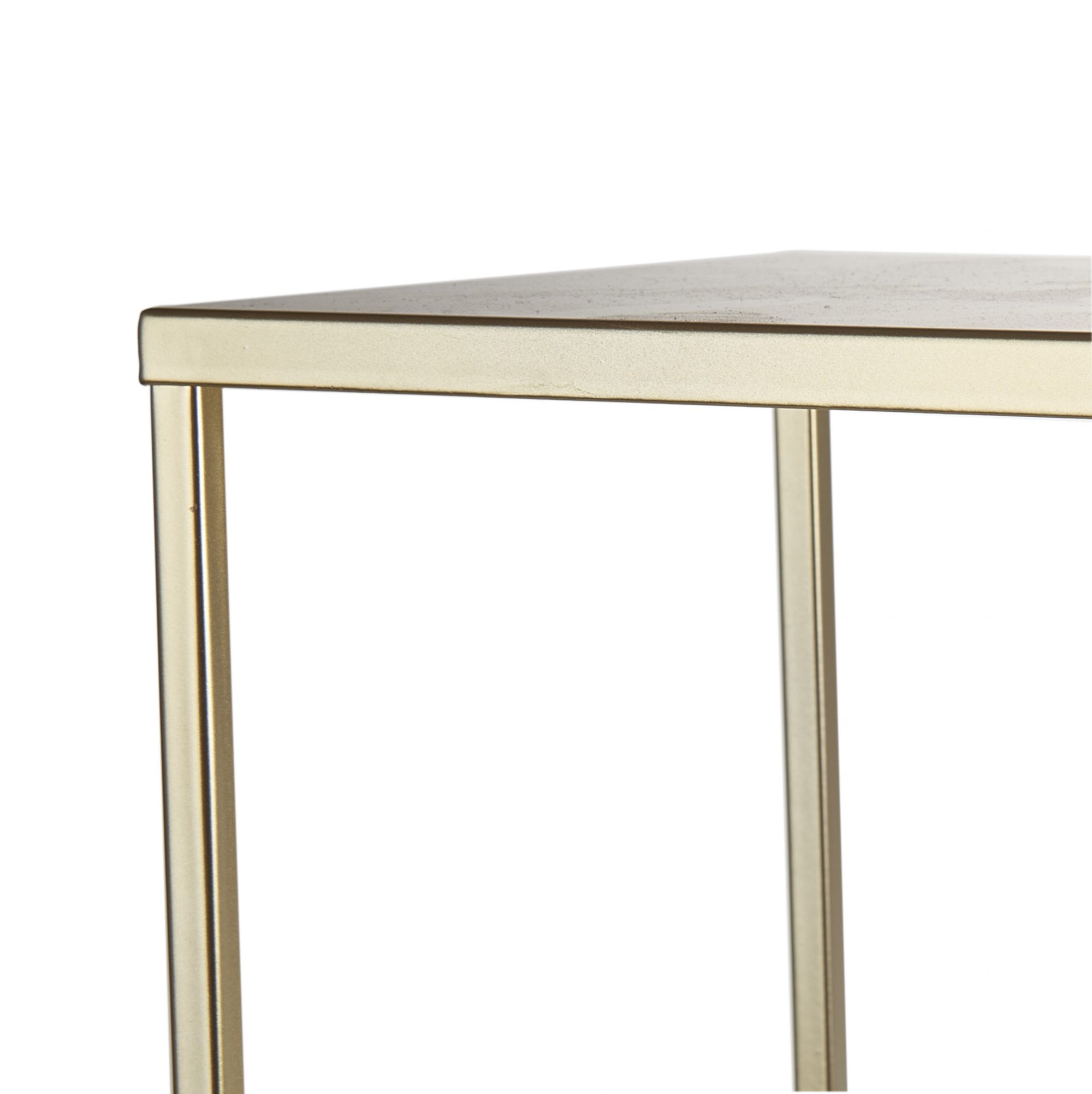 Tavolino quadrato, misura grande, metallo, con appoggio bianco e piedi in oro. L'oca nera