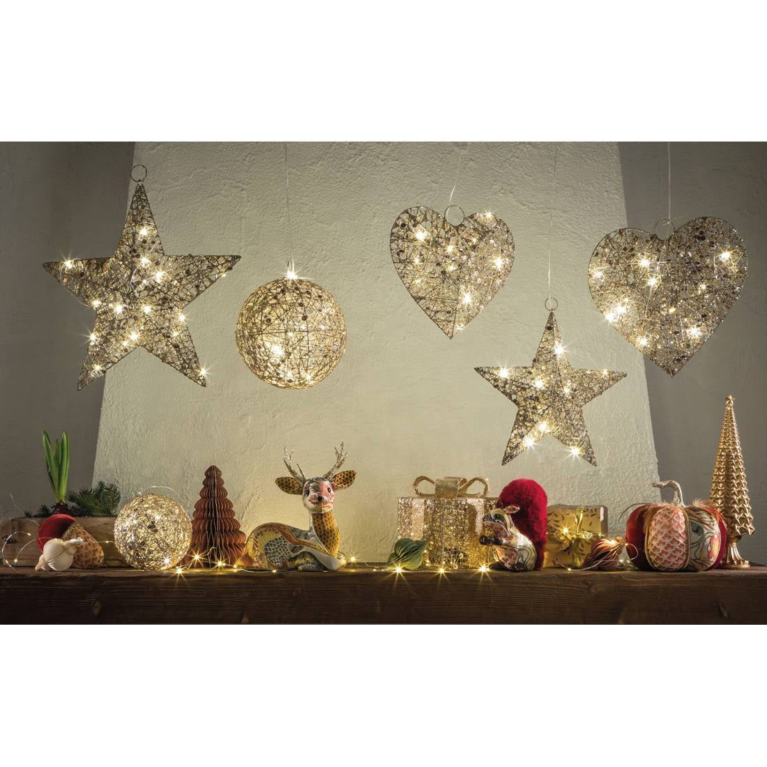 Sfera da appendere piccola, "Sogni splendenti", oro, con led. L'oca nera