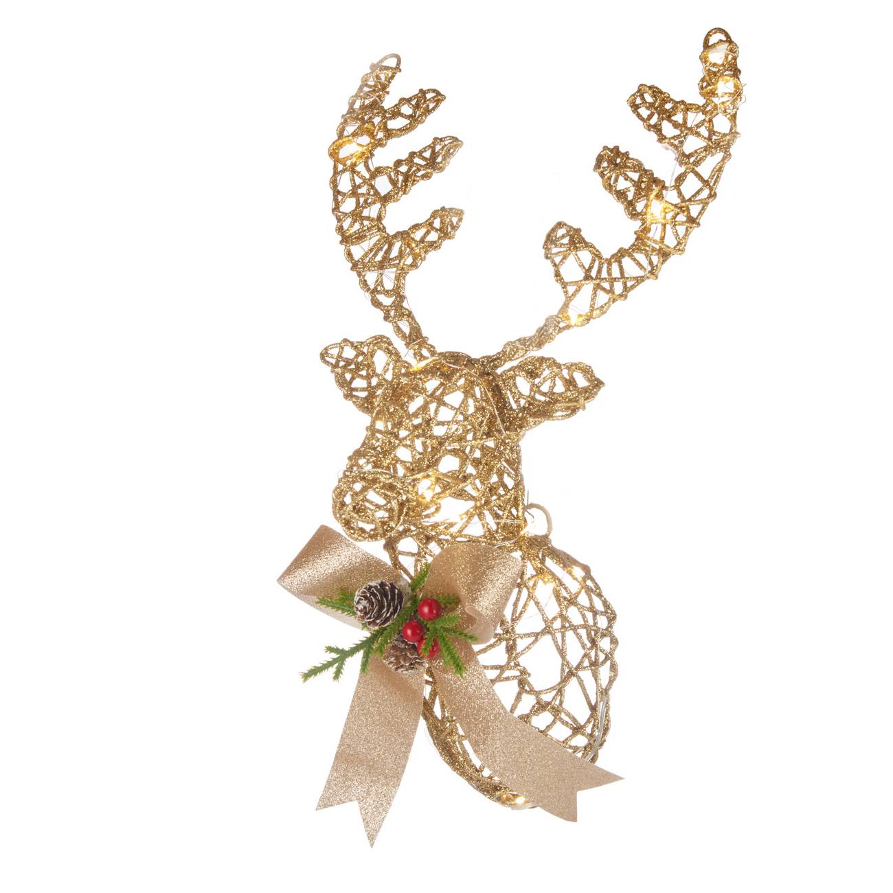 Renna da appendere, oro con 20 leds e decoro. L&#39;oca nera