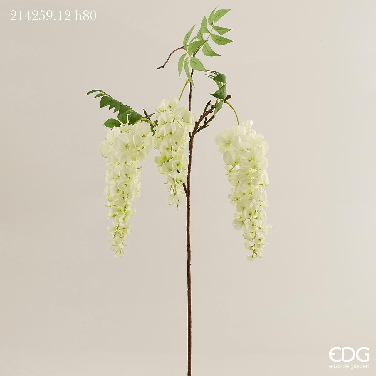 Glicine Chic, ramo con 3 fiori e foglie, colore bianco, H. 80 cm. EDG