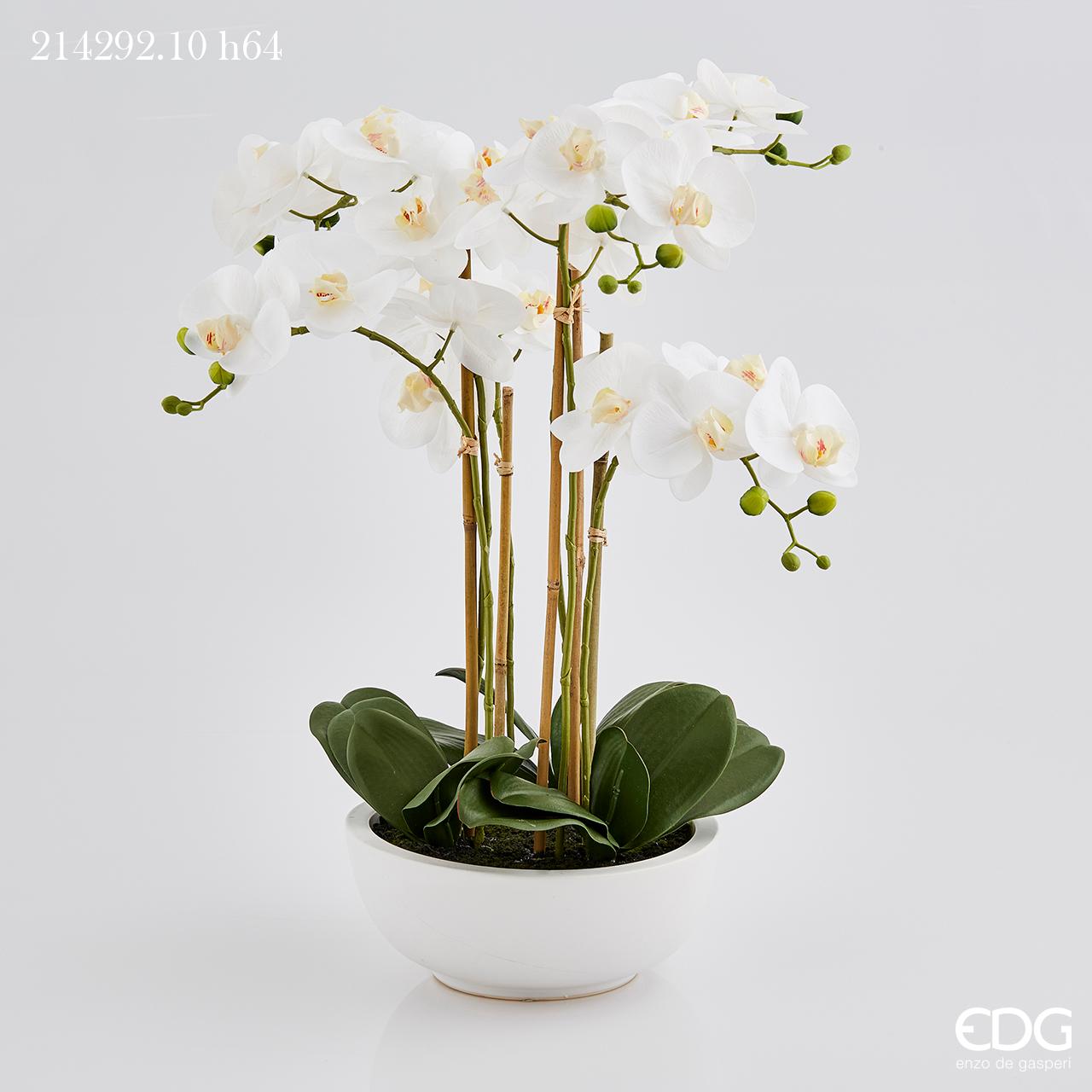 Vaso bianco in ceramica con 6 rami Orchidea Phalaenopsis bianca Real H.64cm. EDG