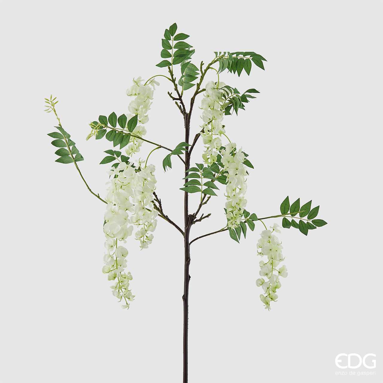Glicine Chic, ramo con 6 fiori e foglie, colore bianco, H. 100 cm. EDG