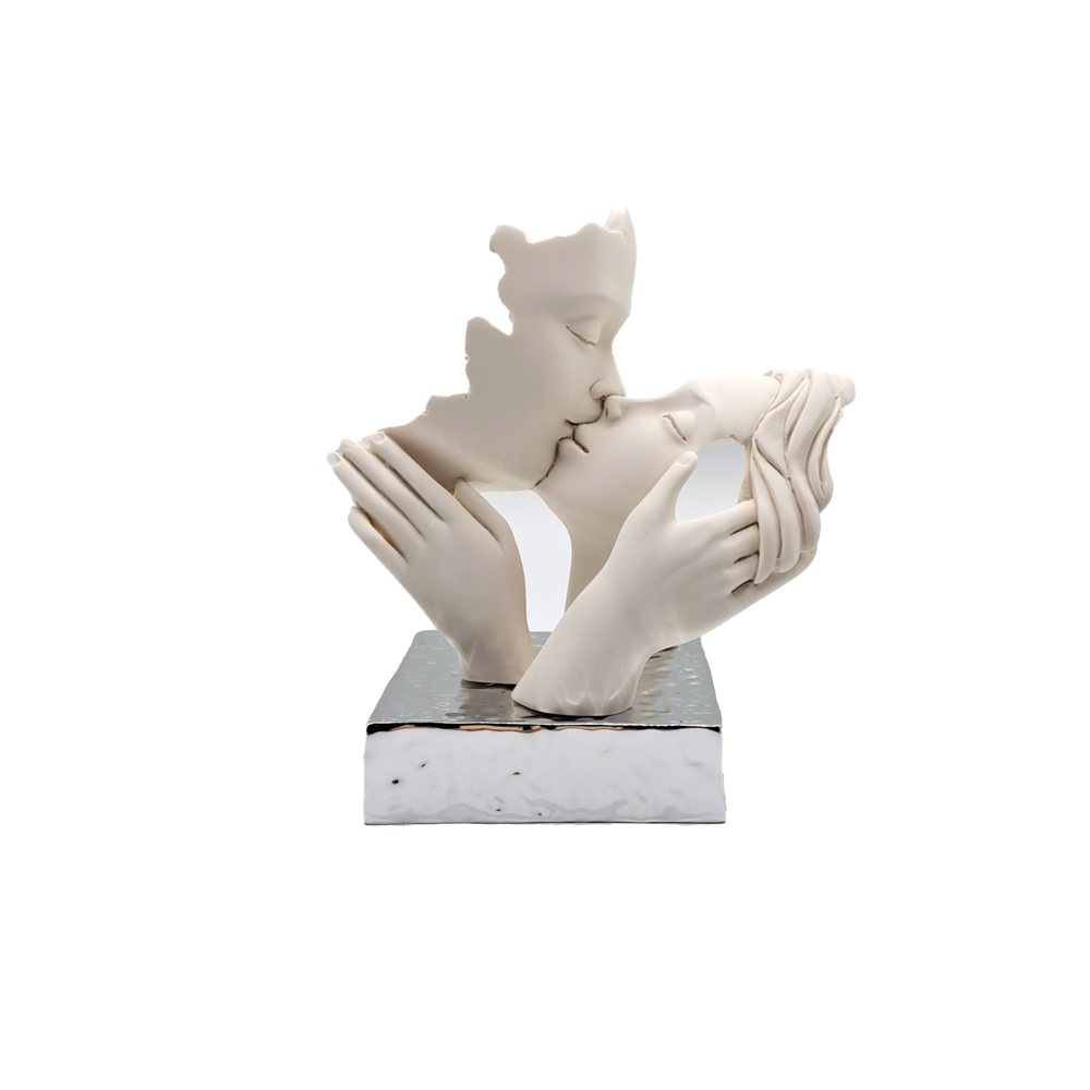 Scultura coppia mani face, 14X11 cm. bianco base argento. Bongelli
