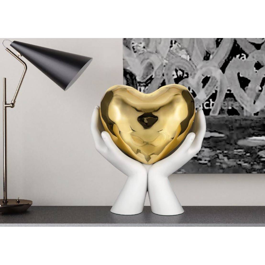 Scultura mani con cuore, 9X10 cm., bianco e oro. Bongelli