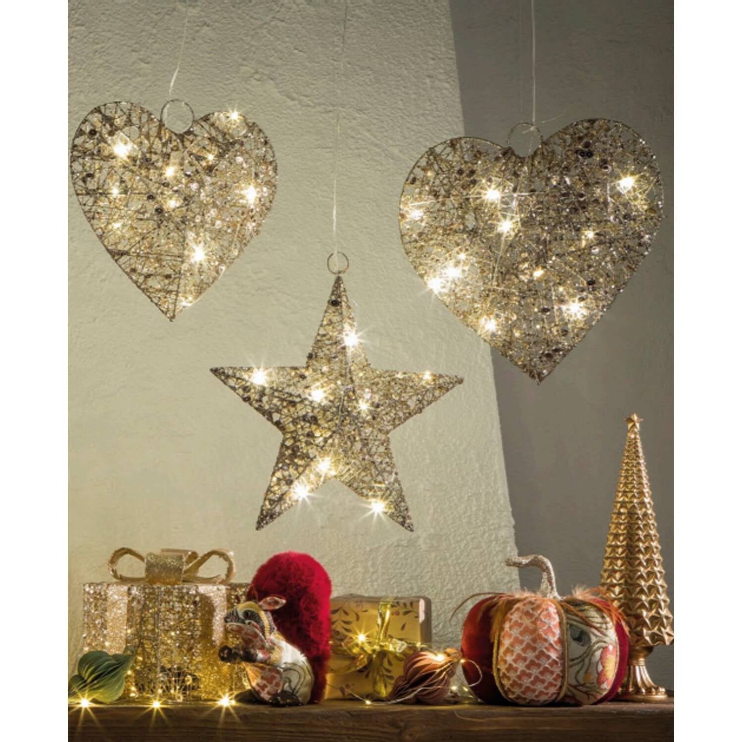 Sfera da appendere piccola, "Sogni splendenti", oro, con led. L'oca nera